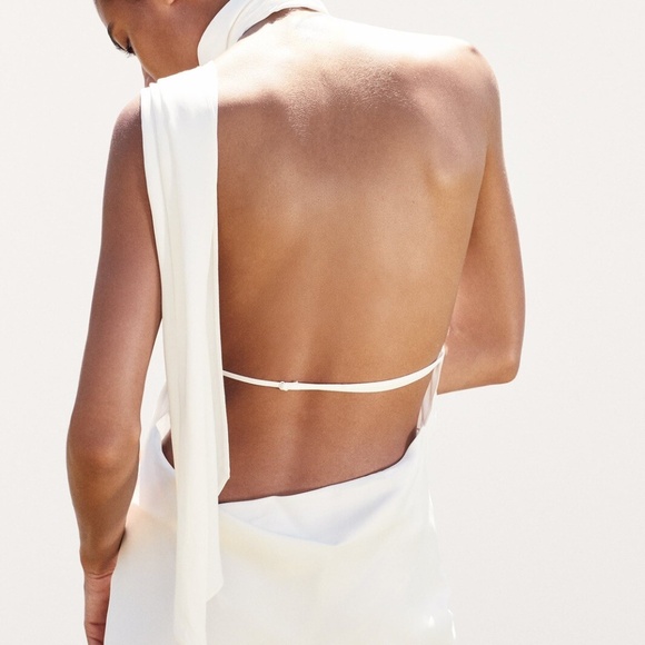 Zara Satin Effect Big Flower Dress Backless White Size XL - Picture 3 of 6